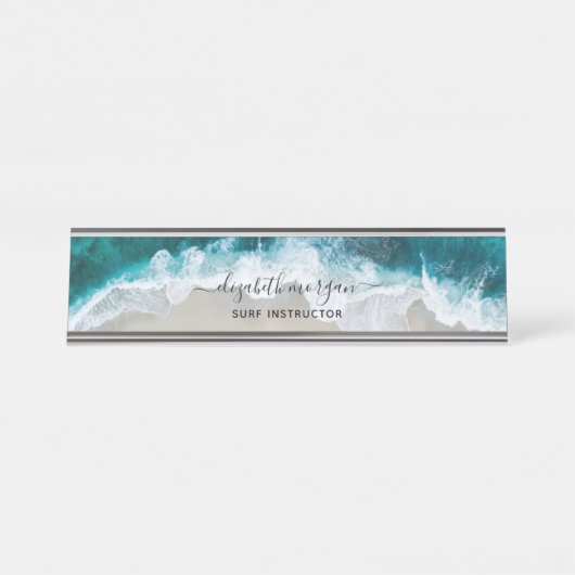 Elegante Blue Green Beach Script Surf Instructor Bureau Naambordje (Voorkant)
