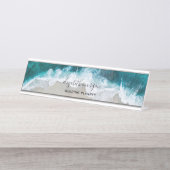 Elegante Blue Green Beach Script Wedding Planner Bureau Naambordje (Voorkant)