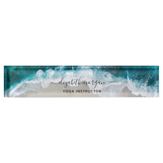 Elegante Blue Green Beach Script Yoga Instructeur Naambordje (Voorkant)