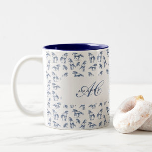 Elegante Blue Horses Monogrammed Initiaal geschenk Tweekleurige Koffiemok
