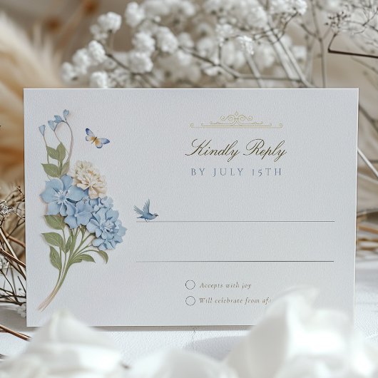 Elegante Blue Hydrangea Wedding RSVP Kaart