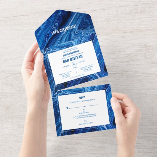 Elegante Blue Ocean Waves Bar Mitswa All In One Uitnodiging (Afscheurbaar)