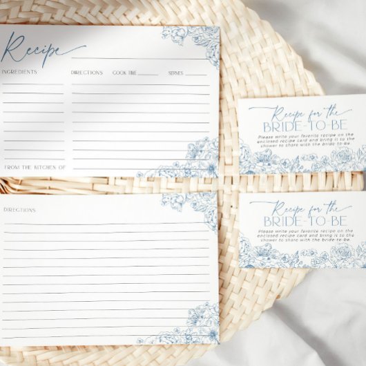 Elegante Blue Toile de Jouy Bruids Recept Kaart