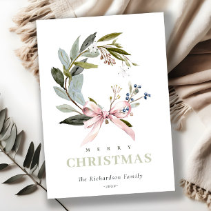 Elegante Blush Blauw Groene Winter Kerst Krans Feestdagenkaart
