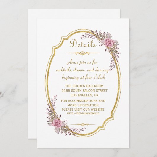 Elegante Blush Bloem Gouden Lijst Huwelijksdetails Kaart (Voorkant / Achterkant)