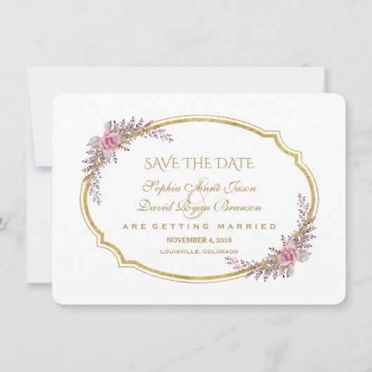 Elegante Blush Bloem Gouden Lijst Save The Date (Voorkant)