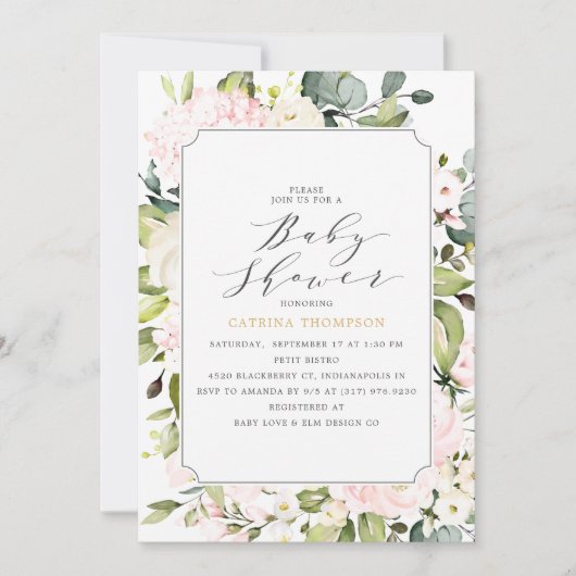 Elegante Blush Bloemen en Eucalyptus Baby shower Kaart (Voorkant)