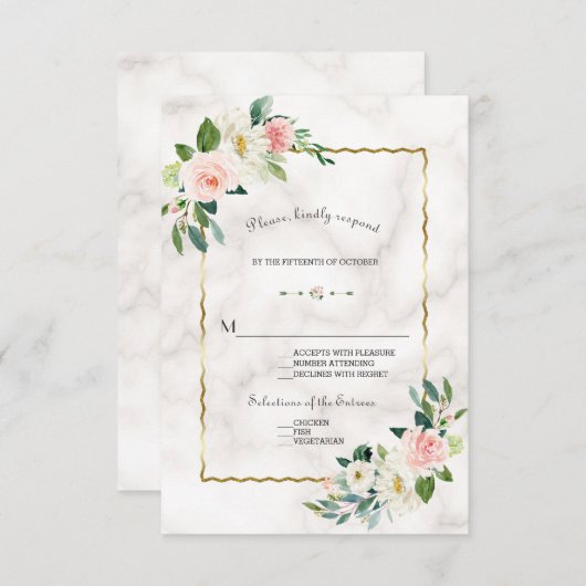 Elegante Blush Bloemen Gouden Marmeren Huwelijk RSVP Kaartje (Voorkant / Achterkant)