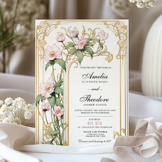 Elegante Blush Bloemen Vintage Huwelijksuitnodigin Kaart