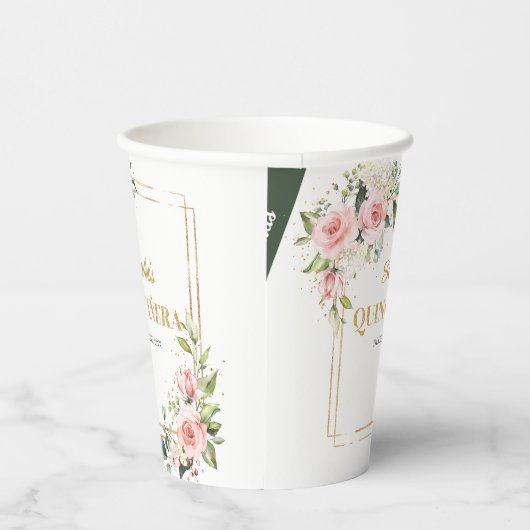 Elegante Blush bloemeneucalyptus goud quinceanera Papieren Bekers (Rechts)