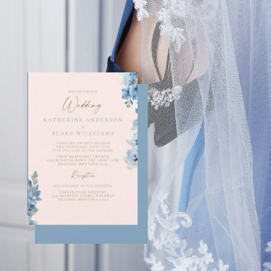 Elegante Blush & Blue Church Huwelijksuitnodiging Kaart