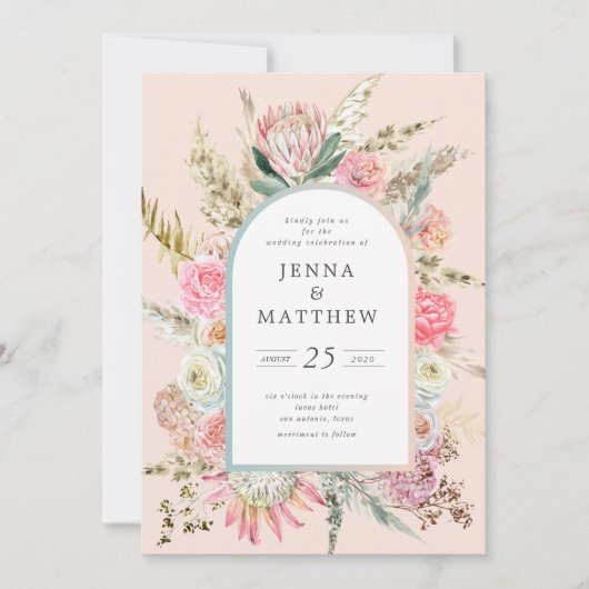 Elegante Blush Bohemian Bloemen Bruiloft Uitnodigi Kaart (Voorkant)