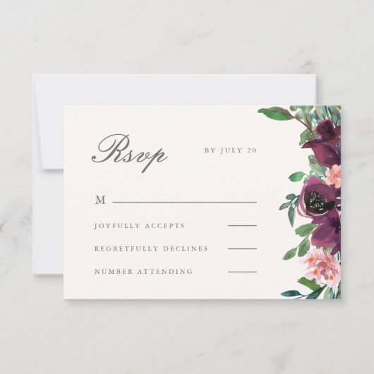 Elegante Blush en Plum Waterverf Bloemenbruiloft RSVP Kaartje (Voorkant)