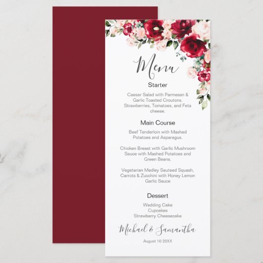 Elegante blush en rode rozen bruiloft menu (Voorkant / Achterkant)