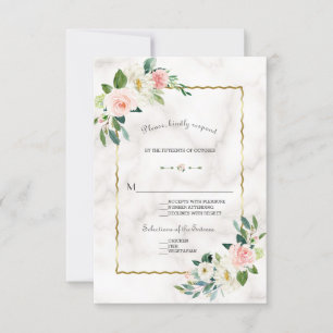 Elegante Blush Flowers Gold Marble Wedding RSVP Kaartje