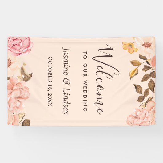 Elegante Blush Gold Engels Bloemen Trouwfeest Spandoek (Horizontaal)