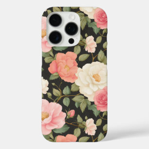 Elegante Blush & Ivoor Rozen op Classic Black iPhone 16 Pro Hoesje