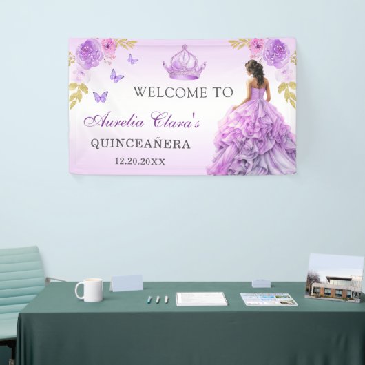 Elegante Blush Paarse Bloemen Quinceañera Verjaard Spandoek (Beurs)