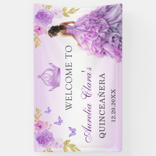 Elegante Blush Paarse Bloemen Quinceañera Verjaard Spandoek (Verticaal)