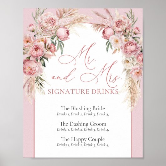 Elegante blush peonies pampas boho arch Handtekeni Poster (Voorkant)