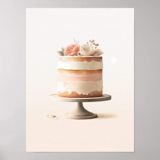 Elegante Blush Perzik Bloem Cake Keuken Bakkerij Poster (Voorkant)