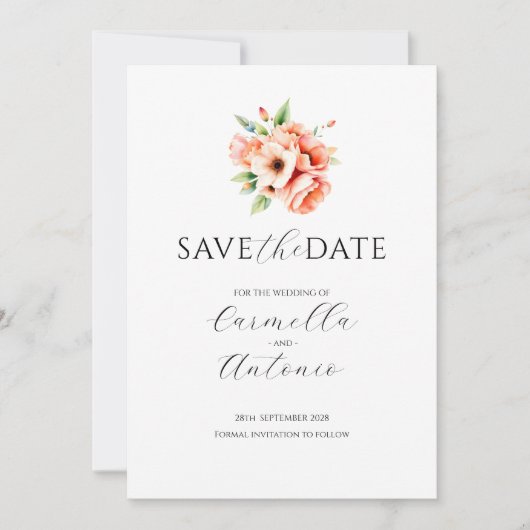 Elegante Blush Perzik Floral Flat Save the Date Ka (Voorkant)