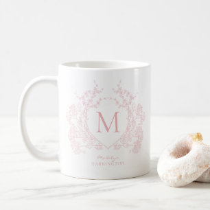Elegante Blush Pink Floral Crest Monogram Koffiemok
