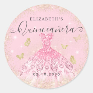 Elegante Blush Pink Gold Glitter Gown Quinceañera Ronde Sticker