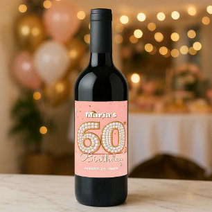 Elegante Blush Pink Pearly Gold 60e verjaardag Wijn Etiket
