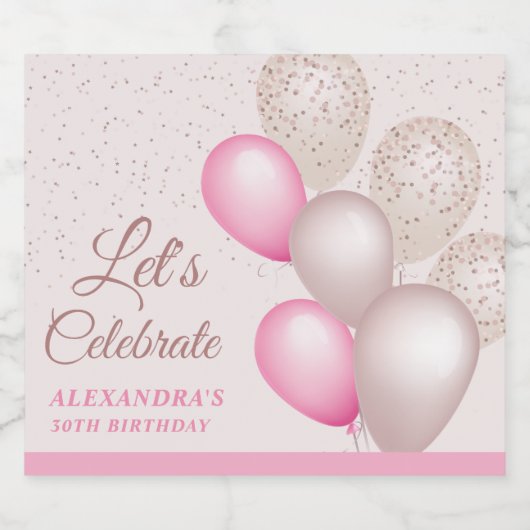 Elegante Blush Roze Beige Ballonnen Verjaardag Sparkling Wijnetiket (Enkel label)
