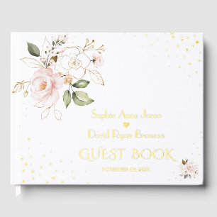 Elegante Blush Roze Bloemen Gouden Huwelijk Gastenboek
