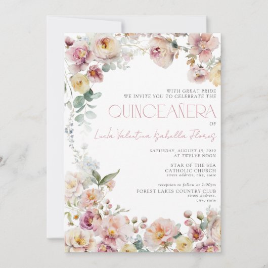 Elegante Blush Roze Bloemen Quinceañera Kaart (Voorkant)