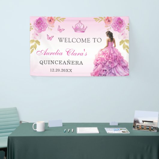 Elegante Blush Roze Bloemen Quinceañera Verjaardag Spandoek (Beurs)