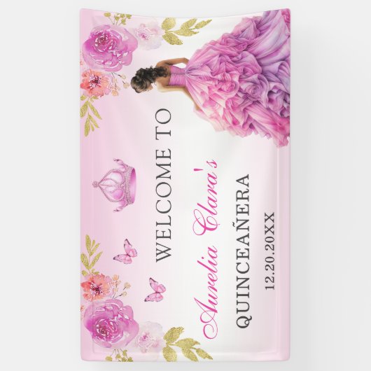 Elegante Blush Roze Bloemen Quinceañera Verjaardag Spandoek (Verticaal)