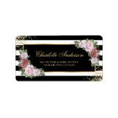 Elegante Blush Roze Bloemen Zwart Wit Goud Etiket (Voorkant)