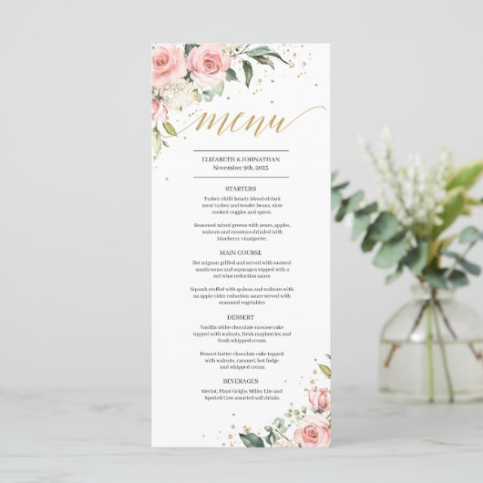Elegante blush roze bloemengouden boho bruiloft me menu (Staand voorkant)