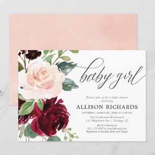 Elegante blush roze bordeauxrode bloemenmeisje bab kaart