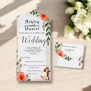 Elegante blush roze bruid en bruidegom bloemenbrui all in one uitnodiging