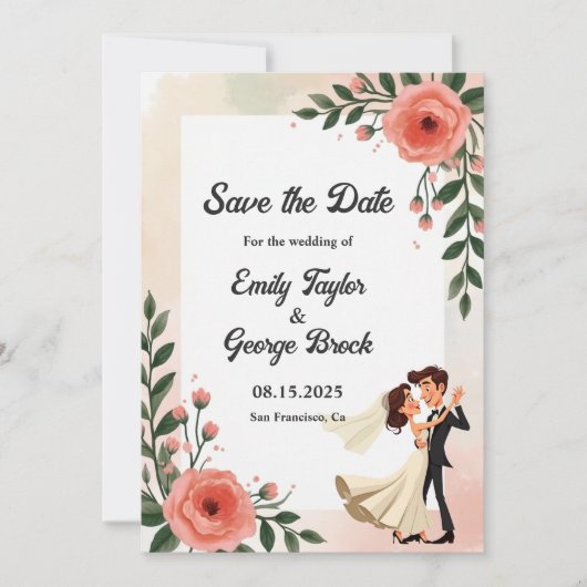 Elegante blush roze bruid en bruidegom bloemenbrui save the date (Voorkant)