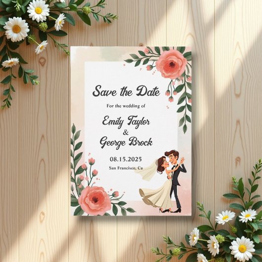 Elegante blush roze bruid en bruidegom bloemenbrui save the date