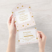 Elegante Blush Roze en Goud Hemelse Bruiloft All In One Uitnodiging (Afscheurbaar)