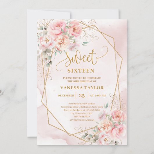 Elegante Blush Roze Goud Bloemen Sweet 16 Uitnodig Kaart (Voorkant)