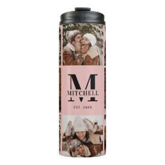 Elegante Blush Roze Monogram Familie Fotocollage Thermosbeker