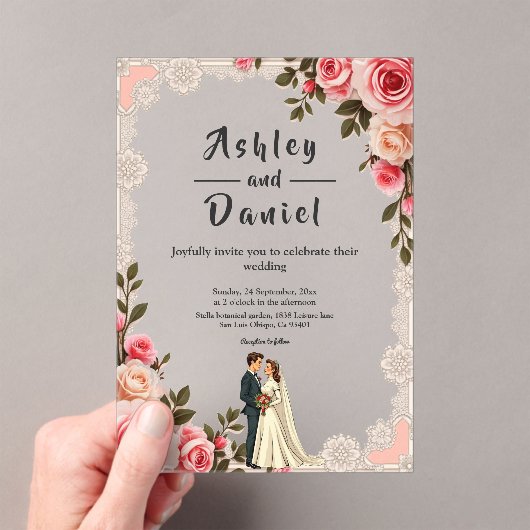 Elegante Blush Roze Paar Zomer Bloemen Huwelijk Acryl Uitnodigingen (Insitu (Draagbaar))