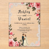 Elegante Blush Roze Paar Zomer Bloemen Huwelijk Acryl Uitnodigingen (Voorkant)