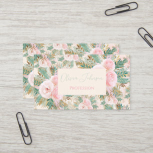 Elegante Blush Roze Rozen Bloemen Munt Gouden blad Visitekaartje