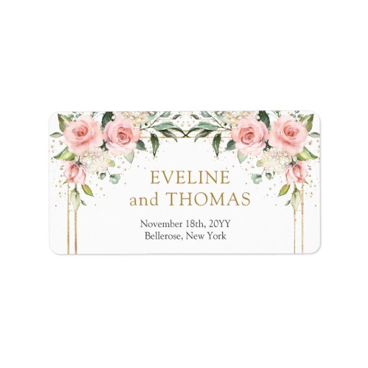 Elegante blush roze rozen gouden bruiloft labels (Voorkant)