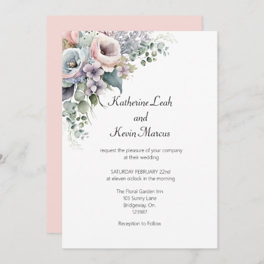 Elegante Blush Roze Wit Bloemen Bruiloft Uitnodigi Kaart (Voorkant / Achterkant)