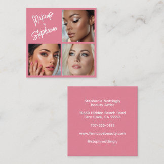 Elegante Blush Roze Zwarte Script 3 Foto Make-up Vierkante Visitekaartje