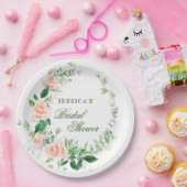 Elegante Blush Rozen Bloemrijke Groen Bruids Bruil Papieren Bordje (Feest)